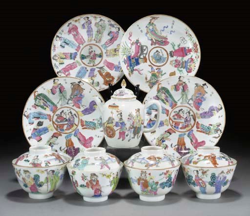 Five Chinese famille rose matched tea bowls and covers, iron red Daoguang marks and of the period
