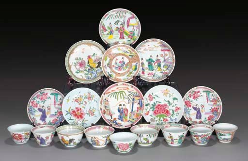 Nine famille rose teablowls and saucers, Yongzheng