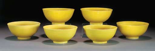 A set of six Chinese yellow glazed bowls, underglaze blue Guangxu six character marks and of the period