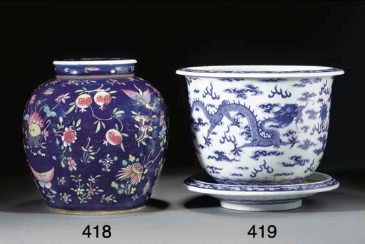 A Chinese blue and white jardiniere and stand, 19th Century