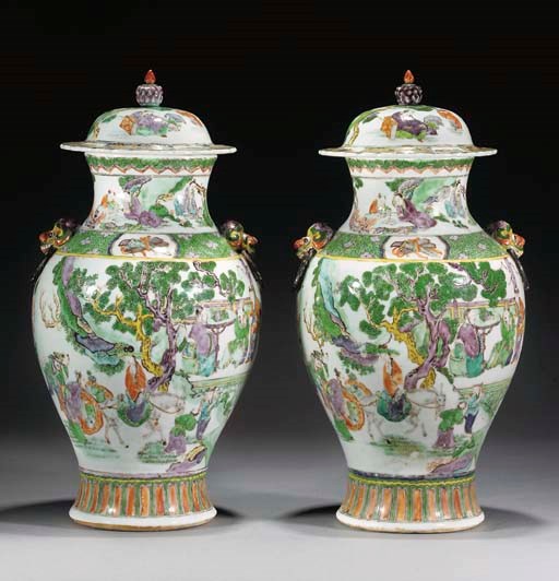 A pair of Chinese famille verte baluster vases and covers, 19th Century