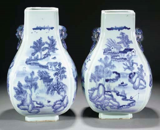 A pair of blue and white fanghu vases, 20th century