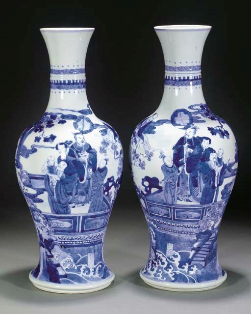 A pair of Chinese blue and white baluster vases, 19th century