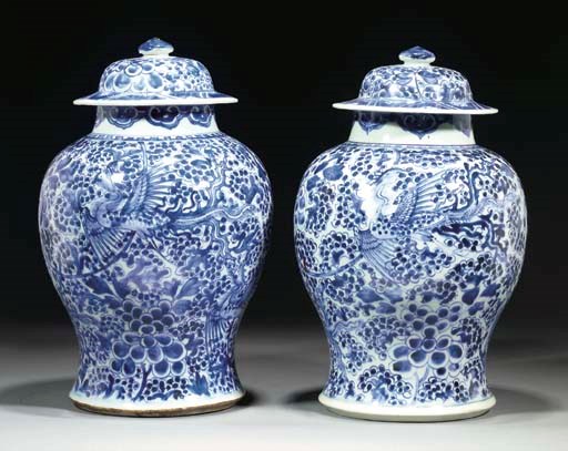 A pair of Chinese blue and white baluster jars and covers, Kangxi