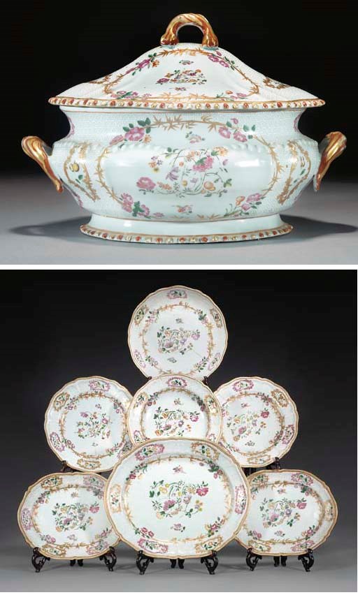 A Chinese export monogrammed famille rose part dinner service, 18th Century