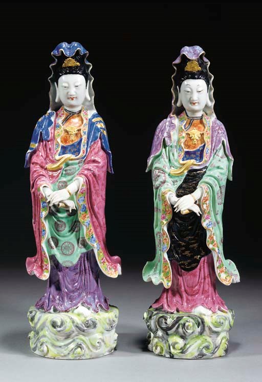 A pair of Chinese famille rose figures of Guanyin, Jiaqing