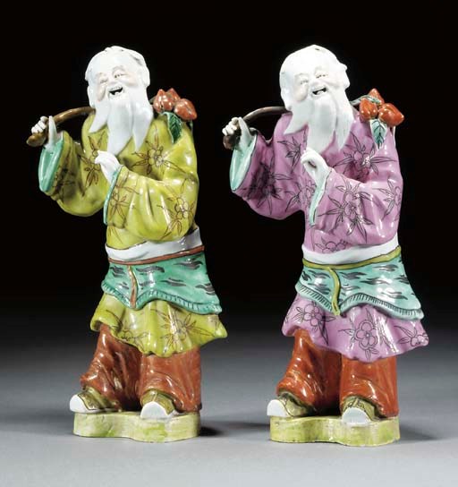 A pair of famille rose models of Tong Fangshuo, Jiaqing