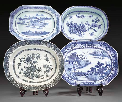 Two octagonal and two oval Chinese blue and white meat dishes, 18th century