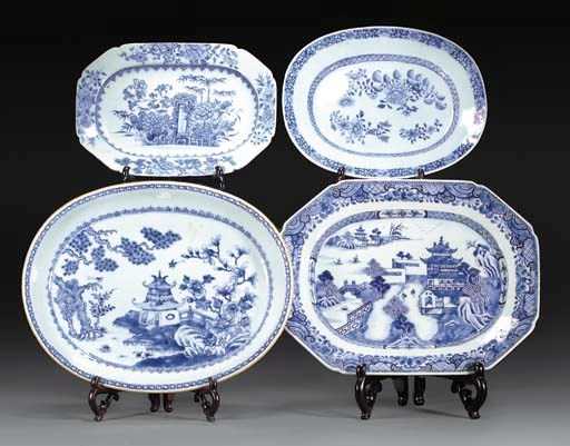 Two octagonal and two oval Chinese blue and white meatdishes, 18th century