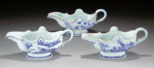 Three Chinese export blue and white silver shaped sauce boats, Qianlong