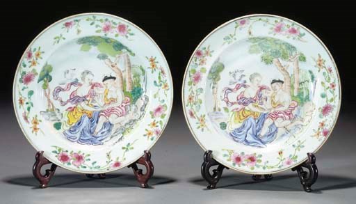 A pair of Chinese famille rose mythological subject plates, Yongzheng