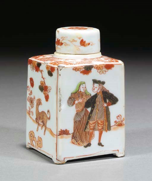 A Chinese imari European subject square teacaddy and cover, circa 1725