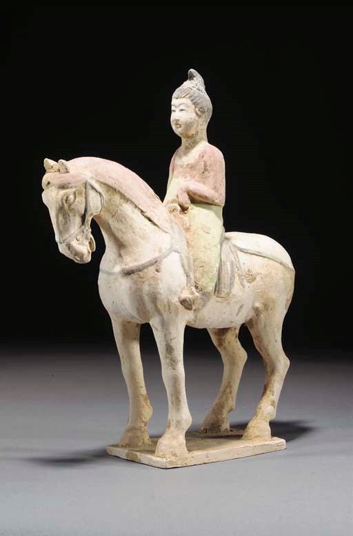 A Chinese painted pottery model of a female equestrian, Tang Dynasty