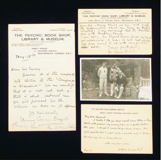 DOYLE, Sir Arthur Conan (1859-1930). A series of five autograph letters signed and three autograph postcards signed to General Enesy, Buckingham Palace Mansions, Windlesham and Bignell Wood, most incompletely dated [8 March 1926] - 31 December [1929], together 10 pages, 4to, and 4 pages, oblong 8vo, together with two portrait postcards, two typed letters signed by Lady (Jean) Conan Doyle, and six letters and postcards from Conan Doyle's daughter Mary, and seven related items; with envelopes.