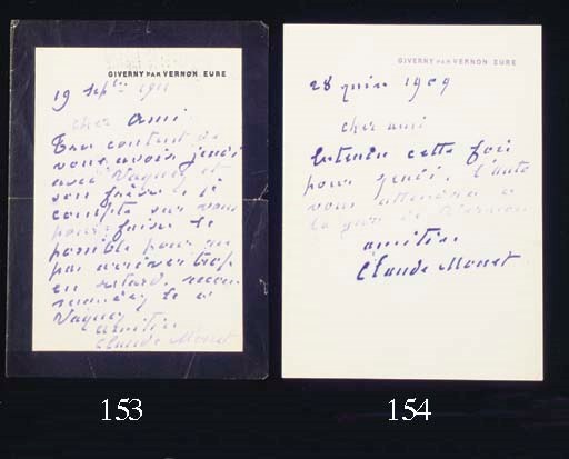 MONET, Claude (1840-1926). Autograph letter signed to Gustave Geffroy, Giverny, 19 September 1911, looking forward to seeing him and Vaquez on Thursday, 'je compte sur vous pour faire le possible pour ne pas arriver trop en retard, recommandez le à Vaquez', one page, 4to, on a bifolium, mourning paper (light wear to centre fold); envelope.