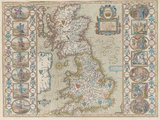 SPEED, John (1552-1629).  Britain as it was Devided in the tyme of the Englische Saxons especially during their Heptarchy, [London:] John Sudbury & George Humble, [1611 or later]. Hand-coloured engraved map, title within elaborate baroque cartouche, side-borders incorporating illustrations of the Saxon kings on the left and historical events on the right within strapwork and figural borders, compass rose. (Neat repairs to verso of centrefold.) Framed and glazed. Shirley 317.