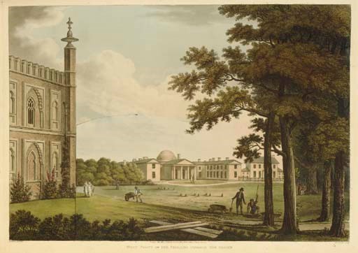 REPTON, Humphry (1752 - 1818).  Designs for the Pavilion at Brighton, London: for J. C. Stadler, 1808. Folio (508 x 357 mm). Hand-coloured plan and 19 plates including vignettes, 11 of them hand-coloured aquatints, 2 in sepia wash, 6 with overslips, 1 over-page, 2 double-page. (Final double-page plate torn in half, both halves present, double-page overslips creased and slightly frayed, a few corners missing, a little light offsetting.) Contemporary straight-grained morocco, sides with gilt and blindstamped roll tool panels, gilt shell cornerpieces, gilt edges, rubbed, some surface wear, endpapers detached). FIRST EDITION. Abbey Scenery 55.