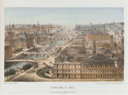 Paris Moderne, Paris: Maison Martinet, [c.1870]. Oblong folio (165 x 255mm). 60 handcoloured tinted lithographed plates by Charles Riviere of views of Paris. (A little light spotting.) Original blue cloth with gilt lettering (spine lightly rubbed).