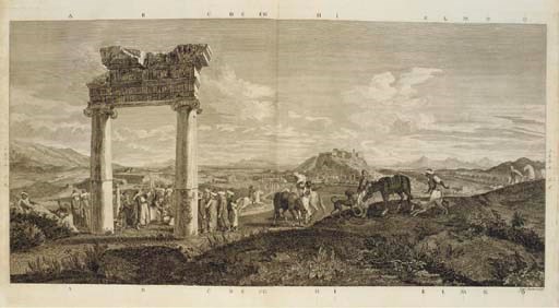 STUART, James & Nicholas REVETT.  The Antiquities of Athens, London: John Haberkorn, 1762. Volume I only (of 4), 2° (565 x 378mm). 66 engraved plates (of 71), one double-page and one folding, engraved title-vignette and several vignettes in the text. (Folding plate torn, some foxing and browning.) Contemporary half calf, uncut (slightly worn). Provenance: John Clevland (bookplate). FIRST EDITION. Blackmer 1617.