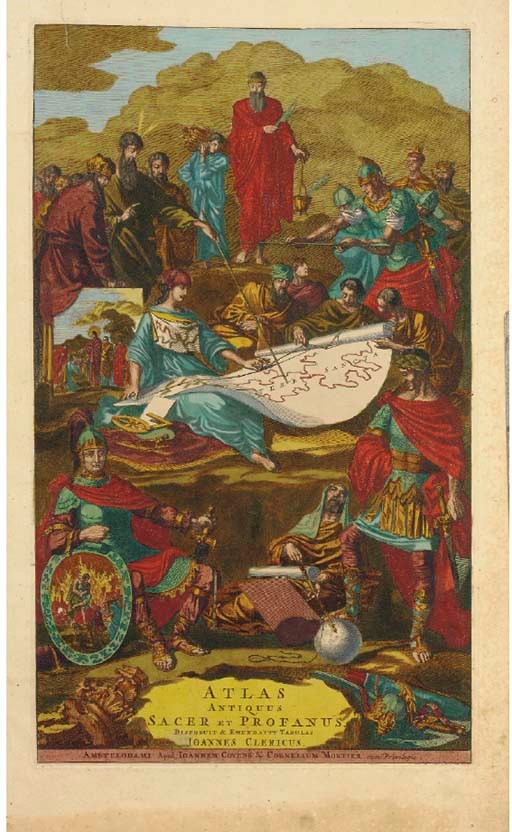 COMPOSITE ATLAS OF THE HOLY LAND -- Atlas Antiquus Sacer et Profanus, disposuit & emendavit tabulas Joannes Clericus, Amsterdam: apud Johannem Covens & Cornelium Mortier, [c.1725]. 2°. Elaborate hand-coloured figural title, 35 double-page or folding engraved maps of the Holy Land on 36 sheets, fully-coloured by hand, hand-coloured table and folding "Kalendarium Juliano-Romanum Perpetuum" at end. (Title with short tear repaired neatly on verso, a few mainly marginal spots and stains, some very minor marginal worming at foot of first few maps.) Contemporary calf with small gilt armillary sphere stamped on covers, spine with raised bands and red morocco gilt lettering piece (rubbed and scuffed, joints splitting at foot of spine, small piece torn away from head). Provenance: early manuscript list of maps on front free endpaper.