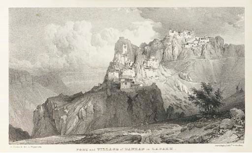 MOORCROFT, William and George TREBECK.  Travels in the Himalayan Provinces of Hindustan and the Panjab; in Ladakh and Kashmir; in Peshawar, Kabul, Kunduz, and Bokhara ... from 1819 to 1825, London: John Murray, 1841. 2 volumes, 8° (215 x 132mm). 2 lithographed frontispieces by Day & Haghe after G. Trebeck, folding engraved map. Contemporary green half morocco gilt, spines gilt in compartments with red morocco lettering-pieces (extremities rubbed). Provenance: Henry Crossley Irwin (armorial bookplate); John E. Davis (ex-libris sticker).	 (2)