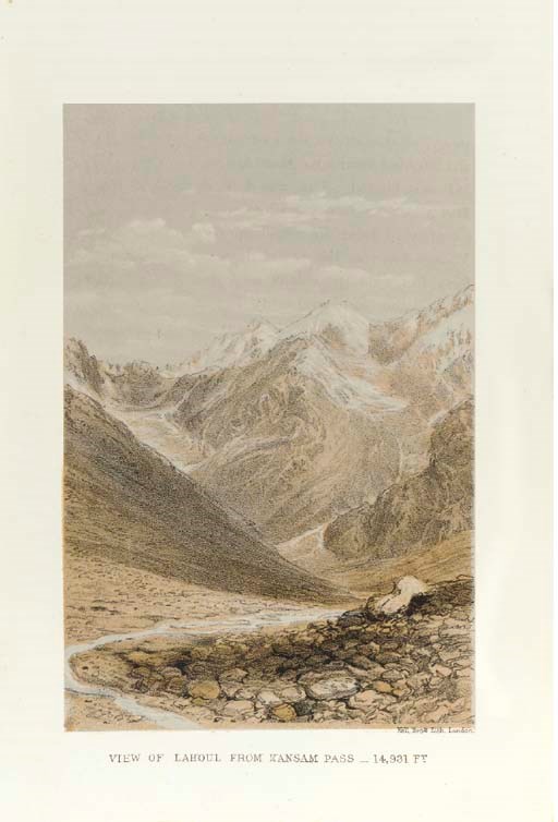 CALVERT, J.  Vazeeri Rupi, the Silver Country of the Vazeers, in Kulu: its Beauties, Antiquities, and Silver Mines.  Including a Trip over the Lower Himalayah Range and Glaciers, London: E. & F. N. Spon, 1873. 8° (230 x 150mm). Half title, tinted lithographed frontispiece and additional pictorial title, 32 plates, most lithographs printed in colours, folding lithographed map at end, hand-coloured in outline, wood-engraved illustrations. (Some mainly marginal staining and spotting.) Original cloth decorated in black and lettered in gilt, lower cover with decoration in blind (some darkening at edges of boards, corners rubbed). FIRST EDITION IN BOOK FORM. RARE. No copy recorded at auction in the last 30 years.