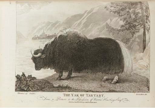 TURNER, Samuel.  An Account of an Embassy to the Court of the Teshoo Lama, in Tibet; containing a Narrative of a Journey through Bootan, and Part of Tibet ... the Second Edition, London: W. Bulmer and Co., 1806. 4° (295 x 235mm). Folding engraved map, 13 plates, one double-page. (Map torn and repaired with some loss at inner edge, some spotting and staining to map, some light mainly marginal browning and staining, some spotting mainly to text.) Contemporary half calf gilt (corners rubbed, some light staining). Provenance: semi-legible inscription on front free endpaper reading: "?Captain Turner, From Leslie ?Millar's Private Library, price $0.75, Dec. 2, 1882 - Boston, Mass."; Henry H. Humphrey (bookplate); John E. Davis (ex-libris sticker); de-accession stamp of Boston Athenaeum on verso of title.