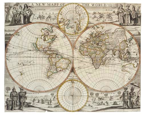 GREENE, Robert.  A New Mapp of the World, [London:] "at the Rose & Crowne in Budg Row", [1676]. Engraved twin-hemisphere map, hand-coloured in outline. (Trimmed close to engraved frame, shaved at lower sides, a few clean tears, stained on verso.) 432 x 542mm.