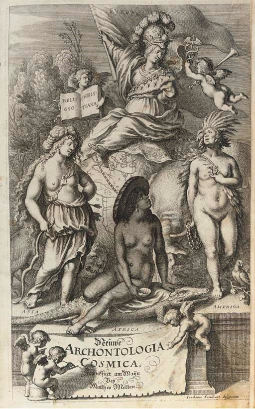 AVITY, Pierre d', sieur de Montmartin (1573-1635).  Neuwe Archontologia Cosmica, das ist, Beschreibung aller Käyserthumben Königreichen und Republicken der gantzen Welt, translated by Johann Ludwig Gottfried, Frankfurt am Main: Wolfgang Hoffmann, 1638. 2° (313 x 201mm). Additional engraved title after Joachim Sandrart, title printed in red and black with engraved vignette (Merian's device), text in double columns, 99 plates and maps, including 30 double-page engraved maps and 66 plates including 59 double-page views and 5 double-page folding views by or supervised by Matthaeus Merian (1593-1650). (Map of Italy with long clean tear at centre fold, map of Germany with closed long tear, view of Stockholm with large marginal repairs, Florence with long clean tear, outer margins of view of Genoa slightly cropped, occasional light creasing, a few leaves and plates lightly waterstained, a few tears, Bb4 with small hole affecting one or 2 letters, paper flaw affecting Uu2 causing loss of one or two words of 3 lines of text, light even browning.) Contemporary vellum (lightly soiled). Provenance: ECC (manuscript initials on front pastedown).

First published in French in 1614 under the title Les empires, royaumes, estats ... et principautez du monde, the work was translated by Johann Ludwig Gottfried (which is not a pseudonym of J.P. Abelin as has often been supposed). It is divided into three parts: the first deals with Europe, the second with Asia and Africa and the third with the Knights of Malta. The double-page folding views are of Constantinople, Venice, Rome, Paris and London.