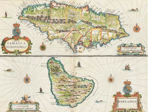 SPEED, John (1552-1629).  A Map of Jamaica [and] Barbados, [London:] Thomas Basset & Richard Chiswell, [1676]. 2 hand-coloured engraved maps on one sheet, titles within baroque cartouches, sea-monsters and galleons, 390 x 505mm. Framed and glazed.
