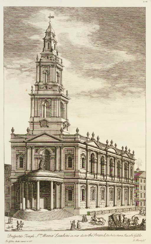 GIBBS, James (1682-1754).  A Book of Architecture, containing Designs of Buildings and Ornaments, London: [n.p.], 1728. 2° (510 x 341mm). 150 engraved plates, 4 double-page, by Harris, Hulsbergh, Mynde, Vertue and others after Gibbs, list of subscribers. (Occasional unimportant spotting, mostly in the top margins.) Contemporary panelled calf, double gilt line-border round sides (rebacked with a gilt spine). FIRST EDITION - another appeared in 1739. Fowler p.118: 'These designs of Gibb's had a great influence in the United States as well as England for about one hundred years. A copy was in the library of Thomas Jefferson'; Berlin Katalog 2270.