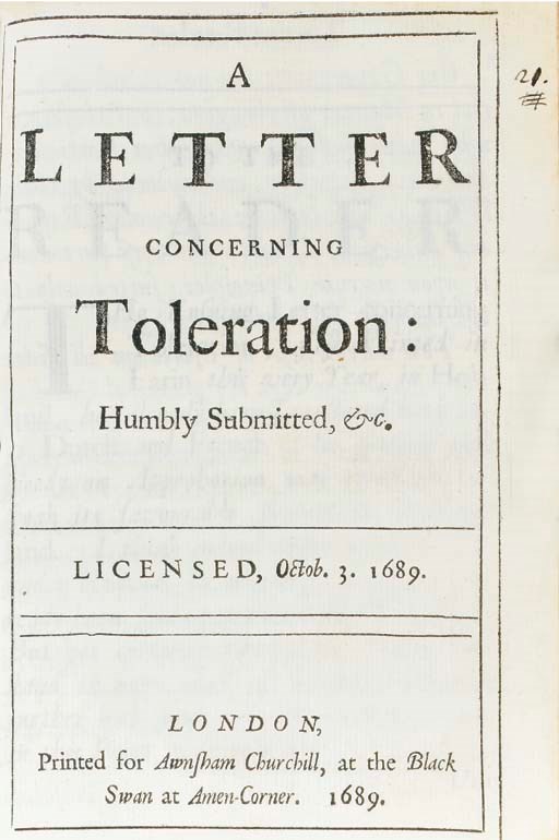 [LOCKE, John (1632-1704)]. A Letter concerning Toleration, London: for Awnsham Churchill, 1689. Double-line border round title, half-title, final advertisement leaf. (Many page-numerals and a few catchwords and signatures at the end shaved or cropped.) FIRST ENGLISH EDITION - the first edition in Latin appeared at Gouda six months earlier - translated by William Popple, a Unitarian merchant in London. This was the first book that Locke had published in England since his retirement to Holland in 1683 - he returned to England in February 1689 in the same ship that carried Princess Mary - and is one of his two chief works on social polity, the other being his Two Treatises on Government which appeared in the following year. The authorship of this and the two following letters, which appeared in 1690 and 1692, was kept secret and only revealed in the codicil to Locke's will, although the secret was known to, or guessed by, many. Wing L2747; Yolton 3. [Bound with]: MILTON, John (1608-1674). Mr John Miltons Character of the Long Parliament and Assemble of Divines in MDCXLI, London: for Henry Brome, 1681. Woodcut ornament on title. (Top margins cut close slightly affecting first line of title and a few square brackets round title-numerals.) FIRST EDITION. Wing M2098; Grolier 612 [and]: [PENN, Sir William (1644-1718)]. Some Reflections upon Occasion of the Public Discourse about Liberty of Conscience, London: Andrew Sowle, 1687, (Short tear in last leaf.) FIRST EDITION. Wing P1366 [and]: [PENN, Sir William]: The Great and Popular Objection against the Repeal of the Penal Laws & Tests briefly stated and consider'd. Ibid., 1688. (Top margins cut close, light staining.) Second edition. Wing P1298A [and]: Leopold I, Emperor. A Letter written by the Emperor to the Late King James, setting forth the True Occasion of his Fall, and the Treachery and Cruelty of the French, London: for Ric. Chiswell, 1689. Text in Latin and English. (Top margins cut close.) Wing L1113; and 16 others in the volume (Wing I73, T1946, N111, L2729A, P3511, C505, A3319, T900, F1686, F889, J615, S2264, S3589, L923A, B3456 & L4). Together 21 pamphlets in one volume, 4° (182 x 137mm). Early 18th-century panelled calf (rubbed). Sold as a volume of pamphlets, not subject to return.