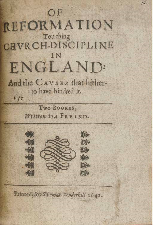 [MILTON, John (1608-1674)]. Of Reformation touching Church-Discipline in England: and the Causes that hitherto have hindred it, [London]: for Thomas Underhill, 1641. With the second leaf of errata, woodcut headpiece and initial. (Title a little dusty, top line framing the running title occasionally cropped or shaved.) FIRST EDITION of Milton's first published prose work. This and the two following titles are three (of the five) of 'Milton's contributions to the dispute between Joseph Hall, his son Robert, and Archbishop Ussher on the one side, and the five ministers whose united initials formed the name Smectymnuus, on the other side', Grolier 556; Wing M2134 [Bound with]: MILTON, John. The Reason of Church-Government urg'd against Prelaty, London: E.G. for John Rothwell, 1641, Woodcut decoration on title. (Many headlines, catchwords and signatures cropped or shaved, lightly browned.) FIRST EDITION. Wing M2175; Grolier 559 [and]: [MILTON, John]. Of Prelatical Episcopacy. R.O. & G.D. for Thomas Underhill, 1641. (Top margins cut close shaving one headline.) FIRST EDITION. Wing M557; Grolier 557 [and]: CHARLES I. His Majesties Answer to a Message sent to him by the House of Commons, concerning Licences granted by him to Persons to go into Ireland, London: Robert Barker and the assigns of John Bill, 1641. Broadside, black letter, large woodcut initial H. (First line shaved by the binder.) FIRST EDITION. Wing C2100; Steele 2055 [and]: CLARENDON, Edward Hyde, Earl of. Mr. Edward Hydes' Speech at a Conference betweene both Houses...6th of July, 1641, London: for Abel Roper, 1641. Large typographical decoration on title. (Lacks the final blank.) Wing C4426; and 27 others in the volume (Wing T1740A (5 copies), B337, E1654, C2119 (6 copies), E1337, C2268, C2251, E2675, B4774, P4279 (imperfect), E2221A, H2471, H2429, C2148, E2377, C2138, C2103, E2230, E1665 (Eton and Harvard only), E1668, E1518, S4551, E2164, E2226, H2476, M396 & C4419). Together 32 pamphlets in one volume, 4° (176 x 127mm). Early 18th-century panelled calf (rubbed). Sold as a volume of pamphlets, not subject to return.