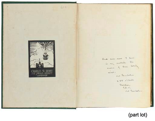 BEERBOHM, Max (1872-1956).  Works, London: William Heinemann, 1922-28. 10 volumes, 8° (200 x 140mm). Half titles. Original vari-coloured buckram, spines with printed paper labels, uncut (some light fading and very light staining). Provenance: Charles W. Berry, St. James's Street, London (book label). NUMBER 189 OF 780 COPIES SIGNED BY THE AUTHOR.