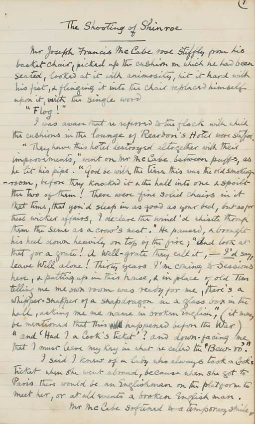SOMERVILLE, Edith (1858-1949) & Martin ROSS [i.e. Violet MARTIN (1862-1915)]. Original autograph manuscript by Edith Somerville of the short story 'The Shooting of Shinroe', August 1915, in blue ink on lined paper, 24 pages, folio (322 x 200mm), contemporary green half morocco gilt with clover designs stamped in gilt.