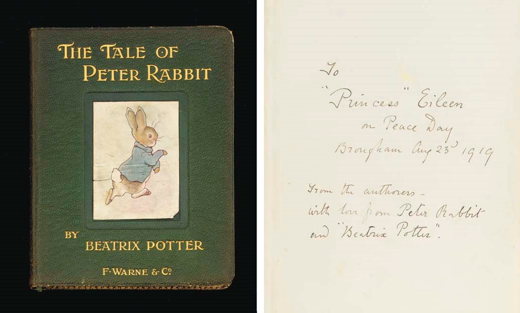 POTTER, Beatrix (1866-1943).  The Tale of Peter Rabbit, London: Frederick Warne & Co., [1902]. 16° (139 x 108mm). Coloured frontispiece and 30 coloured plates after Beatrix Potter. Green morocco with gilt stamped lettering, coloured pictorial label mounted on upper cover, gilt tooled turn-ins, gilt edges, and cream watered silk endleaves (short tear and wear to pictorial label). Provenance: Eileen Brougham (b.1912), grand-daughter of the 3rd Baron Brougham and Vaux of Brougham, Westmoreland, and thence by descent.
