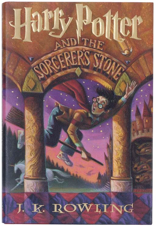 ROWLING, J. K.  Harry Potter and the Sorcerer's Stone. Illustrated by Mary Grandpré, [New York:] Arthur A. Levine Books. An imprint of Scholastic Press, [1997]. 8° (228 x 148mm). (Small blue mark on edges.) Original half red cloth over purple paper boards, title and author in gilt on spine, with original pictorial dust-jacket designed by Mary Grandpré and David Saylor (slight crease at top of spine).