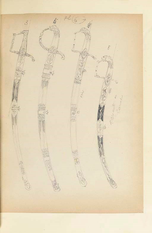 FRANCE. 19TH CENTURY MILITARIA  - uniforms, swords and firearms. Manuscript entitled 'Tracé Descriptif des divers objets d'Habillement, d'Equipement, et Harnachem[en]t a l'usage de l'armé française en 1828  executé d'apres les ordres de S[on] E[xcellence] M[onsieur] le Vicomte de Caux, Ministre de la Guerre  Armée de Ligne', a military tailor's pattern book prepared for publication, titles and descriptions written in a small and neat scribal hand in brown ink, uniforms and equipment depicted in black ink (after de Retz), two plates including illustrations in ink and watercolour, including title page and table of contents, altogether 26 pages (of which 21 with illustrations), folio (435 x 235 mm - 440 x 235 mm), (a few light spots, small tears in margins of 2 leaves, slightly browned in outer margins); bound in contemporary green boards, small label numbered '39' on spine (worn at edges, splitting in extremities); Provenance: Mark Dineley (bookplate)