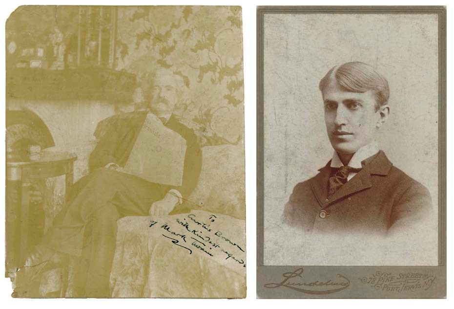 CRANE, Stephen (1871-1900). Cabinet photograph by Lundelius, 78 Pike Street, Port Jervis, N.Y., 164 x 107mm, signed and inscribed on verso 'To Mr Curtis Brown  With the regards of Stephen Crane  Hartwood, N.Y., January 27, [18]96' (light scuffing and soiling to image); [and] Samuel L. CLEMENS (1835-1910) ["Mark Twain"]. Photograph showing the author on a sofa, holding a newspaper, 117 x 97mm, signed and inscribed on the image 'To  Curtis Brown  with kindest regards  of Mark Twain' (image faded, torn at upper and lower left corners with small losses).	 (2)