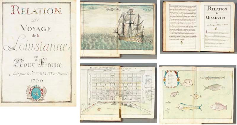 [LOUISIANA]. CAILLOT, Pierre. Manuscript "Relation du Voyage de la Louisianne ou Nouvelle. France. fait par Sr. Caillot en l'Annee 1730." N.p., N.d. [watercolor plates dated 1729-1730].