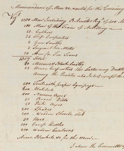 ARNOLD, Benedict (1741-1801), Maj. Gen. Continental Army, traitor. Two Autograph documents, each signed ("Benedt Arnold, Col., Commander at Ticonderoga"), a "Memorandum of Men &c wanted for the Ensuing Summer," and "Sundry Necessaries for Transporting the Cannon Over Lake George."  Ticonderoga, 29 May 1775. 3 pages, 4to, blank page docketed "A List of particulars wanted by Coll. Benedict Arnold."