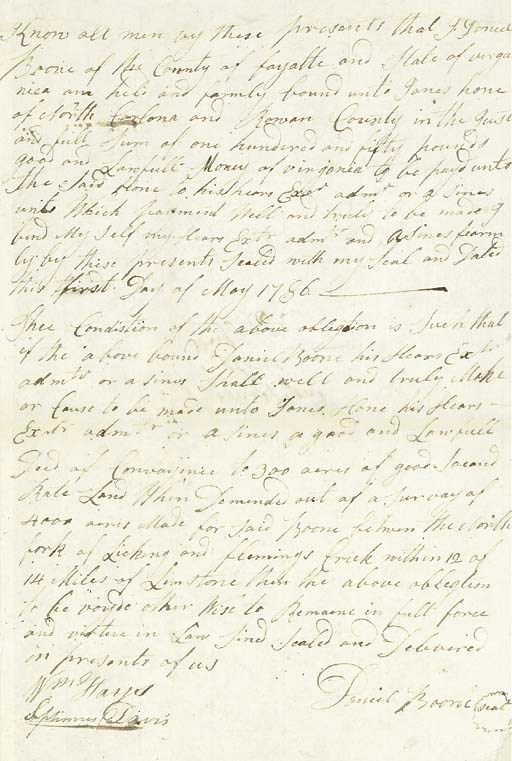 BOONE, Daniel (1734-1820), frontiersman. Autograph document signed ("Daniel Boone") and with his name in the text in three additional places, n.p. [Kentucky], 3 May 1786. 1 page, folio, minor fraying to top margin and one lower corner, neatly mended, docketed on verso "Boone's bond to Hone."