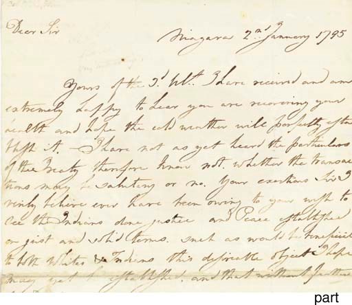 BRANT, Joseph (1742-1807), Mohawk Indian Chief. Autograph letter signed ("Jos. Brant"), to General Chapin, Niagara, 2 January 1795. 2 pages, folio, crease repaired, tipped to another sheet.
