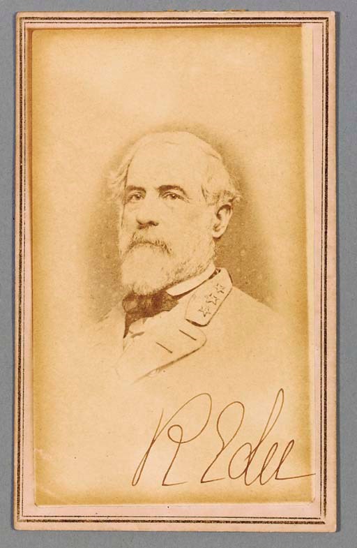[CIVIL WAR]. LEE, Robert E. Carte-de-visite photograph signed ("R. E. Lee"), [1864]. 2½ x 4 in. Imprint on back of P. E. Gibbs, Photographist, 1427 Main Street, Whitehurst's Old Stand, Richmond, Va. Signed in ink on lower portion.
