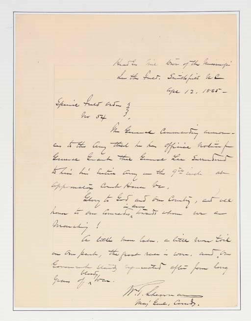 [CIVIL WAR]. SHERMAN, William Tecumseh (1820-1891), Major General, U.S. Army. Autograph manuscript draft signed ("W.T. Sherman  Maj. Genl. Commdg"), his "Special Field Order  No. 54," "Headquarters Mil. Divn. of the Mississippi, In the Field, Smithfield, N.C.," 12 April 1865. 1 full page, 4to, penned in ink on lined stationery, central horizontal fold neatly strengthened from verso.