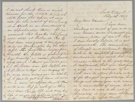 [CIVIL WAR]. STUART, James Ewell Brown ("Jeb") (1833-1864), General, C.S.A. Autograph letter signed ("J.E.B. Stuart") to "My Dear Cousin," Fort Riley, Kansas Territory, 23 February 1859. 4 full pages, 8vo, faint mark at folds, two neat repairs to folds, otherwise fine.