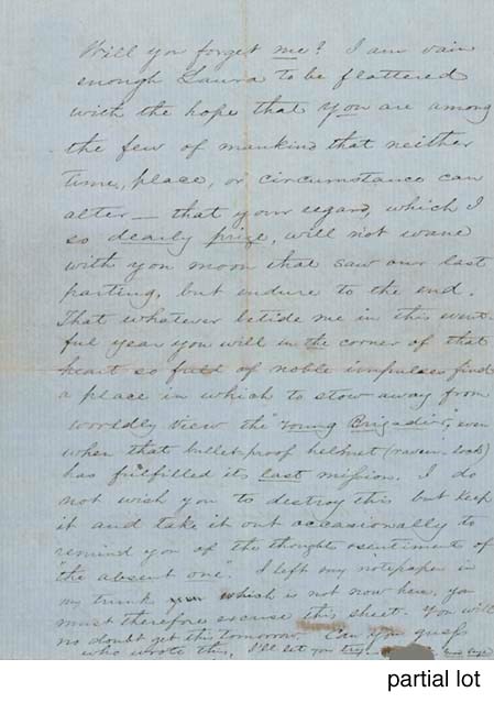 [CIVIL WAR]. STUART, J.E.B. Two autograph letters, one signed ("S"), to Miss Laura Ratcliffe, "Camp Laura" and Rappahanock, 17 March 1862 and 8 April 1862. Together 7pp., 8vo, small chip along lower edge of one letter.