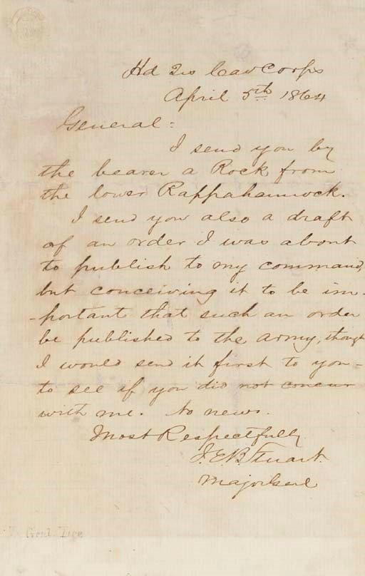 [CIVIL WAR]. STUART, J.E.B. Autograph letter signed ("J.E.B. Stuart") TO GENERAL ROBERT E. LEE, Head Quarters, Cavalry Corps, 5 April 1864. 1 page, 8vo, ruled paper, mat burn.