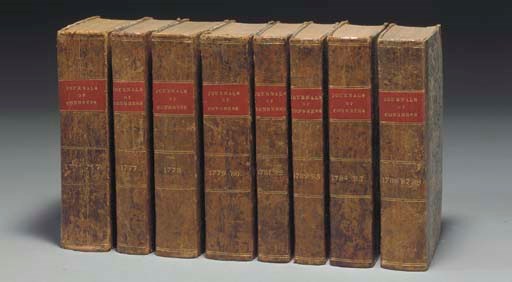 [CONTINENTAL CONGRESS]. Journals of the Congress...Vol. I, Sept. 5, 1774 to Jan. 1 1776. Philadelphia: R. Aitken, 1777 (Evans 15683). - Vol. II, for the Year 1776. Philadelphia: R. Aitken 1777 (Evans 15684). - Vol. III, January 1, 1777 to January 1, 1778. New York: John Patterson [1778] (Evans 21527). - Vol. IV, January 1, 1778 to January 1, 1779. Philadelphia: David C. Claypoole, 1782 (Evans 16584). - Vol V, January 1, 1779 to January 1, 1780. Philadelphia: David C. Claypoole, 1782 (Evans 177766). - Vol. VI, for the Year 1780. [Philadelphia]: John Dunlap, [1786] (Evans 20779). - Vol. VII, for the Year 1781. New York: John Patterson, 1787 (Evans 20773). - Vol. VIII, November 1782 to November 1783. Philadelphia: David C. Claypoole, 1783 (Evans 18266).  - Vol IX, November 1783 to June 1784. Philadelphia: John Dunlap, [1784] (Evans 18840). - Vol. X, November 1784 to November 1785. Philadelphia: John Dunlap, 1785 (Evans 19316). - Vol. XI, November 1785 to November 1786. [Philadelphia:] John Dunlap, [1786] (Evans 20068). - Vol XII, November 1786 to November 1787. [Philadelphia:] Published by Order of the Congress, 1787 (Evans 20772). -Vol. XIII, November 1787 to November 1788. [Philadelphia:] John Dunlap, [1788] (Evans 21526).

13 vols in 8 bindings, 8o. Upper corner of title-page to Vol. XII torn away, light foxing, very slight browning. Contemporary American half mottled calf over marbled boards, gilt-lettered red morocco spine labels, slight rubbing.

A COMPLETE RUN, IN ORIGINAL BINDINGS, OF THE JOURNALS OF THE CONGRESS, FROM REVOLUTION TO CONSTITUTION, issued by the government's successive printers Robert Aitken, John Patterson, John Dunlap and his partner David Claypoole. This set offers a rare opportunity to obtain a contemporary printing of the Declaration of Independence which was declared the authentic text by an En Banc vote of the Congress (including Jefferson) on 18 January 1777. There are numerous intriguing variations between Aitken's published version of the Declaration and the Dunlap broadsides. The series also includes minutes of the debates at the 1787 Constitutional Convention and a printing of the proposed Constitution. Together 8 items.

Complete sets, uniformly bound, of these historic Journals are very seldom encountered. 	 (8)