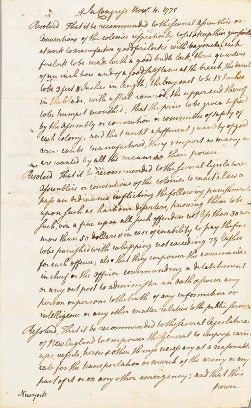 THOMSON, Charles (1729-1824) Secretary to the Continental Congress. Autograph extracts of the minutes of the Continental Congress, "In Congress" [Philadelphia], 4 and 10 November 1775. 1¾ pages, folio, integral blank boldly docketed 8 December 1775, the sheet untrimmed, with original deckle edges preserved. In very fine condition.